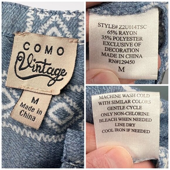 Como Vintage Blue & White Short Sleeve Boho Top Flowy Blouse Medium - Picture 2 of 8